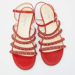 Chanel Red Leather Chain Detail Strappy Flat Sandals Size 39.5