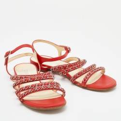 Chanel Red Leather Chain Detail Strappy Flat Sandals Size 39.5
