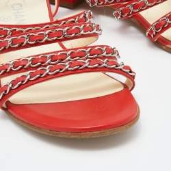 Chanel Red Leather Chain Detail Strappy Flat Sandals Size 39.5