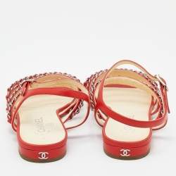 Chanel Red Leather Chain Detail Strappy Flat Sandals Size 39.5