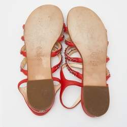 Chanel Red Leather Chain Detail Strappy Flat Sandals Size 39.5