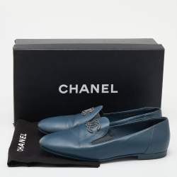 Pre Owned Chanel Blue Leather CC Slip On Loafers Size 36.5
