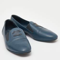 Pre Owned Chanel Blue Leather CC Slip On Loafers Size 36.5