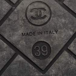 Pre Owned Chanel Black Leather And Satin Chain Detail Ankle Strap Flat Sandals Size 39