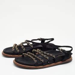 Pre Owned Chanel Black Leather And Satin Chain Detail Ankle Strap Flat Sandals Size 39