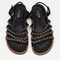 Pre Owned Chanel Black Leather And Satin Chain Detail Ankle Strap Flat Sandals Size 39