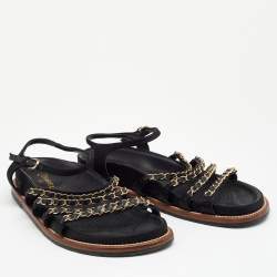 Pre Owned Chanel Black Leather And Satin Chain Detail Ankle Strap Flat Sandals Size 39