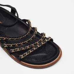 Pre Owned Chanel Black Leather And Satin Chain Detail Ankle Strap Flat Sandals Size 39