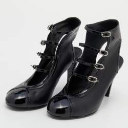 Chanel Black Patent Leather And Leather CC Buckle Detail Ankle Booties Size 37.5
