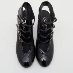 Chanel Black Patent Leather And Leather CC Buckle Detail Ankle Booties Size 37.5