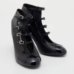 Chanel Black Patent Leather And Leather CC Buckle Detail Ankle Booties Size 37.5