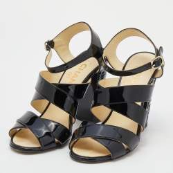 Pre Owned صندل شانيل جلد لامع أسود مزين سي سي كعب مربع سميك مورد بسيور مقاس 35.5