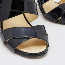 Pre Owned صندل شانيل جلد لامع أسود مزين سي سي كعب مربع سميك مورد بسيور مقاس 35.5