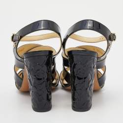 Pre Owned صندل شانيل جلد لامع أسود مزين سي سي كعب مربع سميك مورد بسيور مقاس 35.5