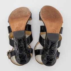 Pre Owned صندل شانيل جلد لامع أسود مزين سي سي كعب مربع سميك مورد بسيور مقاس 35.5