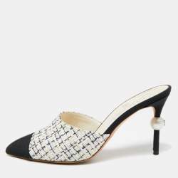 Chanel Ivory/Black Tweed and Fabric CC Pearl Embellished Heel Mules Size 37.5