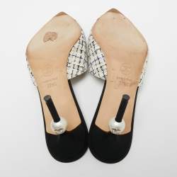 Chanel Ivory/Black Tweed and Fabric CC Pearl Embellished Heel Mules Size 37.5