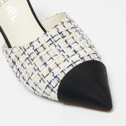 Chanel Ivory/Black Tweed and Fabric CC Pearl Embellished Heel Mules Size 37.5