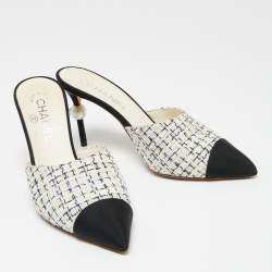 Chanel Ivory/Black Tweed and Fabric CC Pearl Embellished Heel Mules Size 37.5
