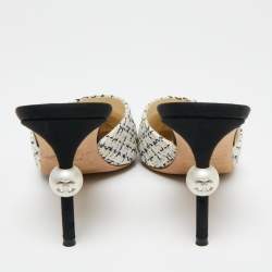 Chanel Ivory/Black Tweed and Fabric CC Pearl Embellished Heel Mules Size 37.5
