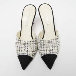Chanel Ivory/Black Tweed and Fabric CC Pearl Embellished Heel Mules Size 37.5