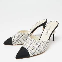 Chanel Ivory/Black Tweed and Fabric CC Pearl Embellished Heel Mules Size 37.5