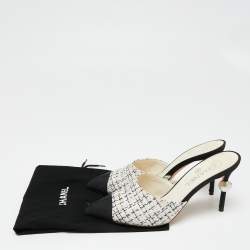 Chanel Ivory/Black Tweed and Fabric CC Pearl Embellished Heel Mules Size 37.5