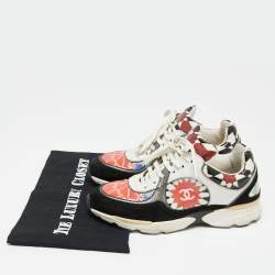 Pre Owned Chanel Multicolor Printed Patent Leather and Suede CC Lace Sneakers Size 36.5