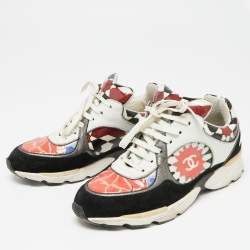 Pre Owned Chanel Multicolor Printed Patent Leather and Suede CC Lace Sneakers Size 36.5