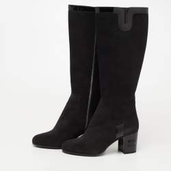 Chanel Black Suede And Patent Block Mild Calf Boots Size 39