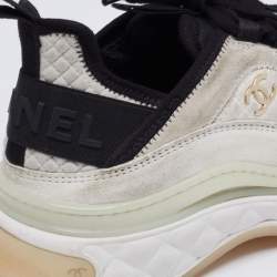 Pre Owned Chanel Grey/White Suede And Fabric CC Lace Up Sneakers Size 39.5