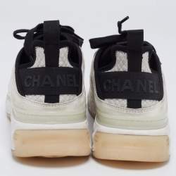 Pre Owned Chanel Grey/White Suede And Fabric CC Lace Up Sneakers Size 39.5