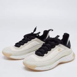 Pre Owned Chanel Grey/White Suede And Fabric CC Lace Up Sneakers Size 39.5