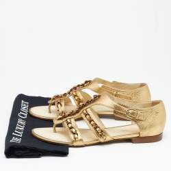 Chanel Metallic Gold  Leather Chain Detail Strappy Flat Sandals Size 39.5