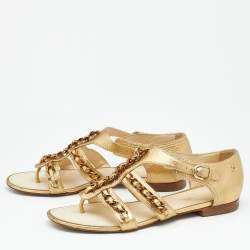 Chanel Metallic Gold  Leather Chain Detail Strappy Flat Sandals Size 39.5