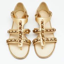 Chanel Metallic Gold  Leather Chain Detail Strappy Flat Sandals Size 39.5