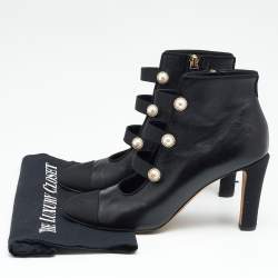 Chanel Black Leather And Fabric CC Ankle Length Boots Size 39.5