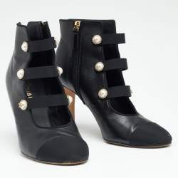 Chanel Black Leather And Fabric CC Ankle Length Boots Size 39.5
