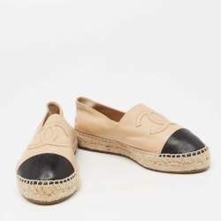 Pre Owned Chanel Beige/Black Leather CC Cap Toe Espadrille Flats Size 37