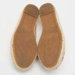 Pre Owned Chanel Beige/Black Leather CC Cap Toe Espadrille Flats Size 37