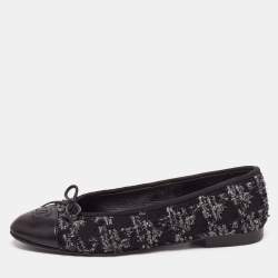 Chanel Black Tweed and Leather Bow CC Cap-Toe Ballet Flats Size