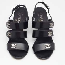 Pre Owned Chanel Black Leather CC Turnlock Sandals Size 38