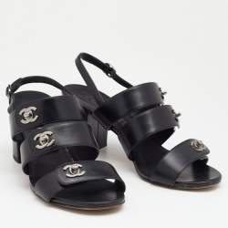 Pre Owned Chanel Black Leather CC Turnlock Sandals Size 38