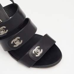Pre Owned Chanel Black Leather CC Turnlock Sandals Size 38