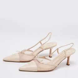 مملوكة مسبقًا صندل شانيل جلد كريمي وشبكة بفيونكة سي سي وحزام خلفي للكاحل مقاس 41