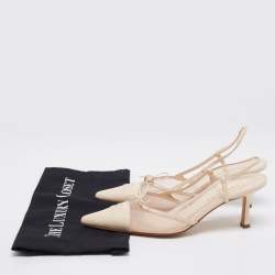 مملوكة مسبقًا صندل شانيل جلد كريمي وشبكة بفيونكة سي سي وحزام خلفي للكاحل مقاس 41