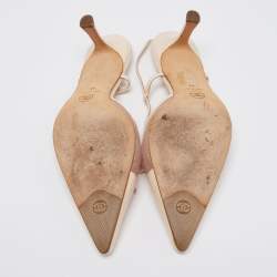 مملوكة مسبقًا صندل شانيل جلد كريمي وشبكة بفيونكة سي سي وحزام خلفي للكاحل مقاس 41