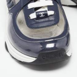 Pre Owned Chanel Navy Blue PVC And Patent Leather CC Lace Up Sneakers Size 37.5
