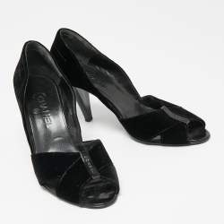 Pre Owned Chanel Black Velvet Cross Strap Peep-Toe Pumps Size 41