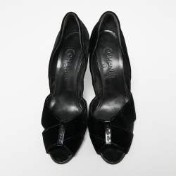 Pre Owned Chanel Black Velvet Cross Strap Peep-Toe Pumps Size 41